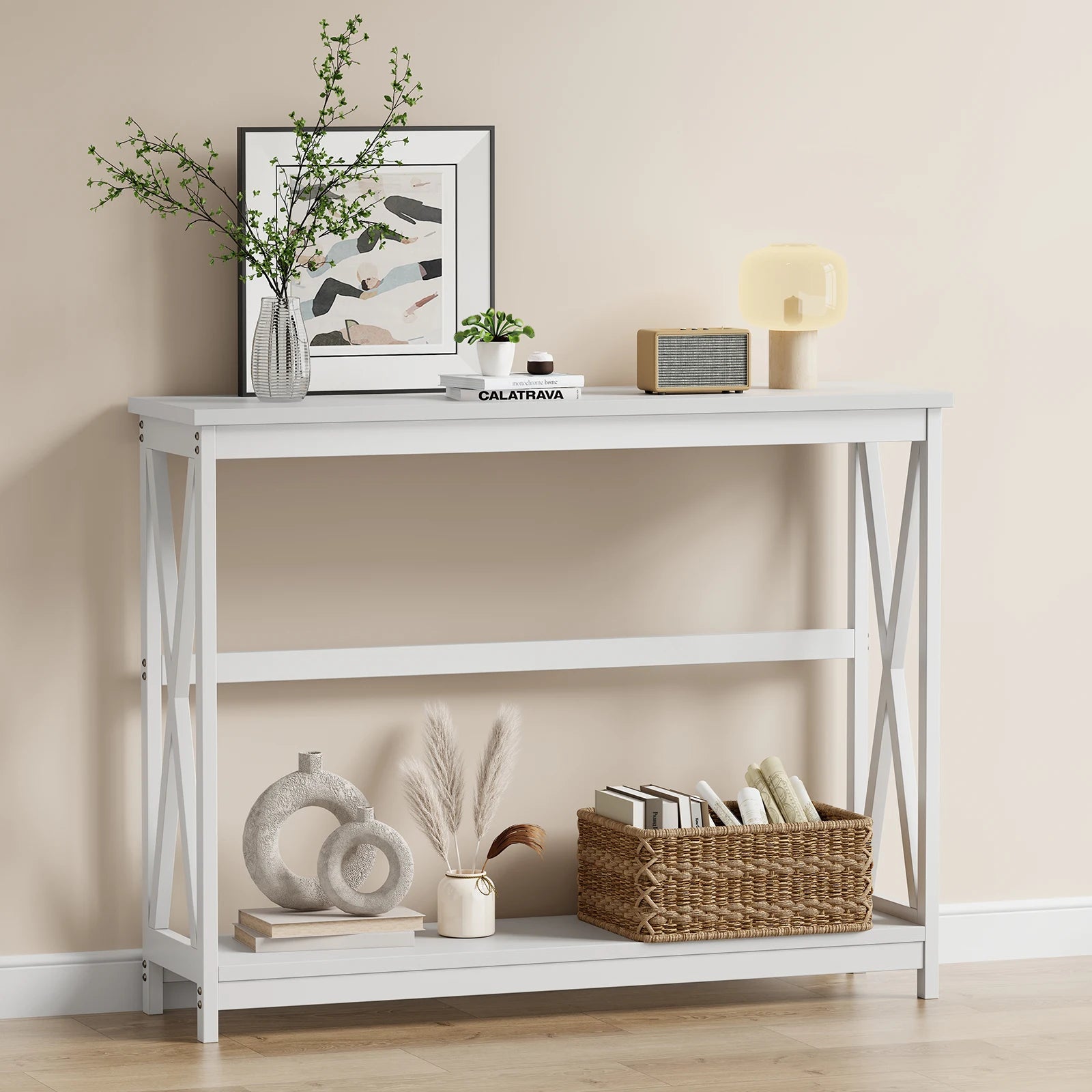 40" 2-Tier Console Table with Metal X-Frame – Modern Entryway Table