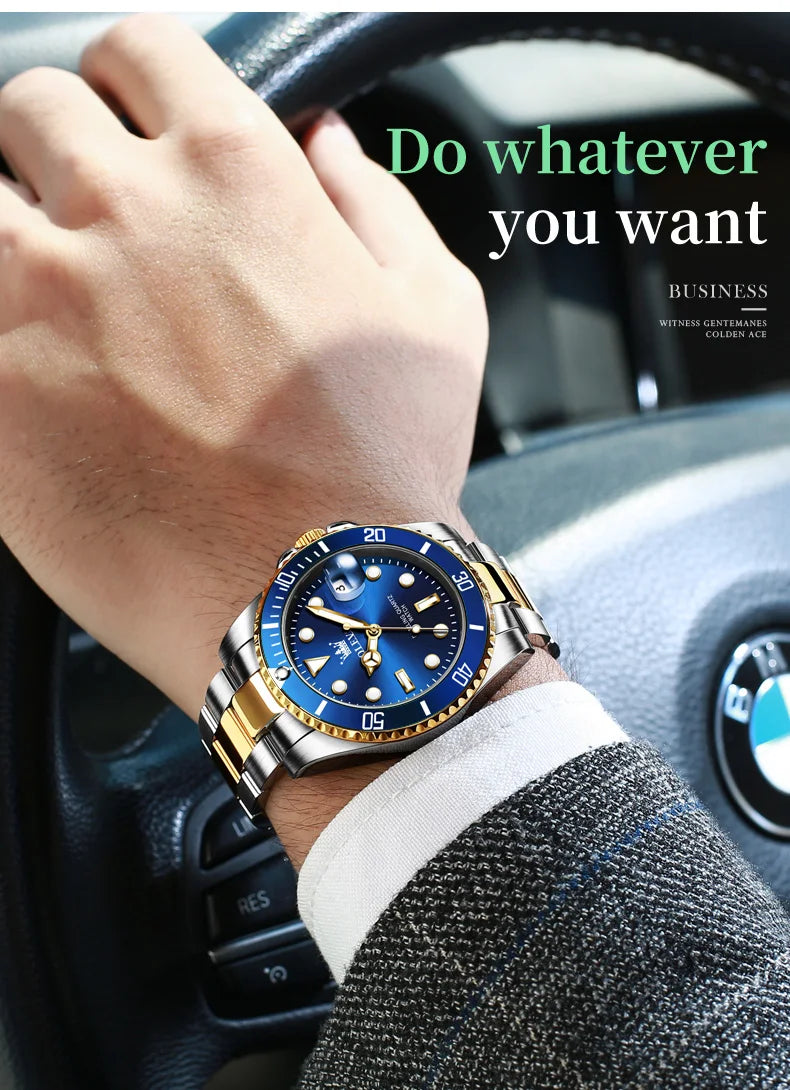 OLEVS Top Original Men Quartz Watch Green Waterproof Watch for Men Stainless Steel Quartz Men Luxury Watch Luminous Wristwatch 