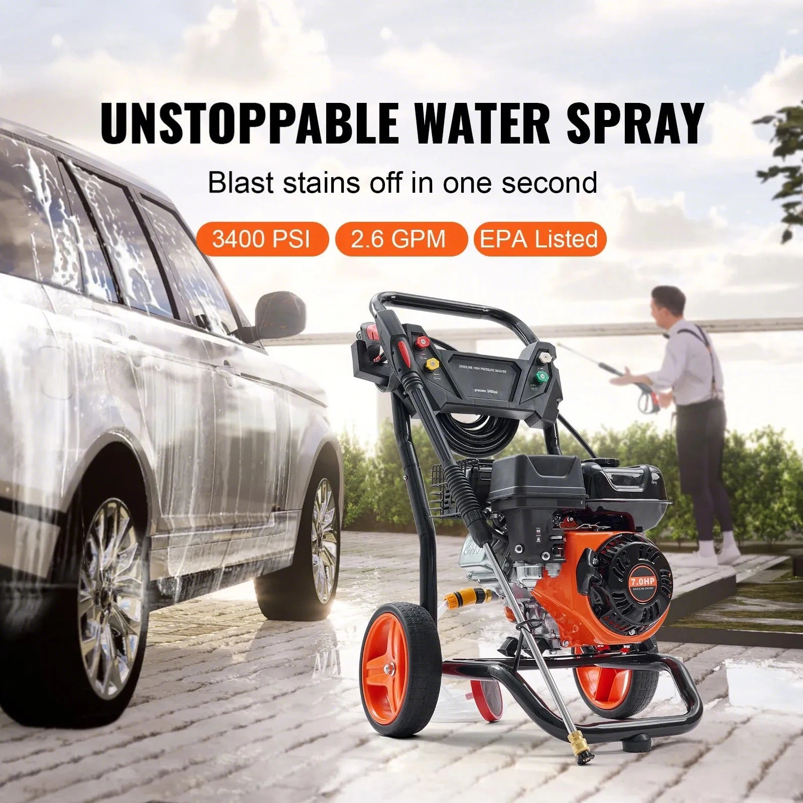 Bensindriven högtryckstvätt 3400 PSI 2,6 GPM med 5 munstycken och 26 ft slang