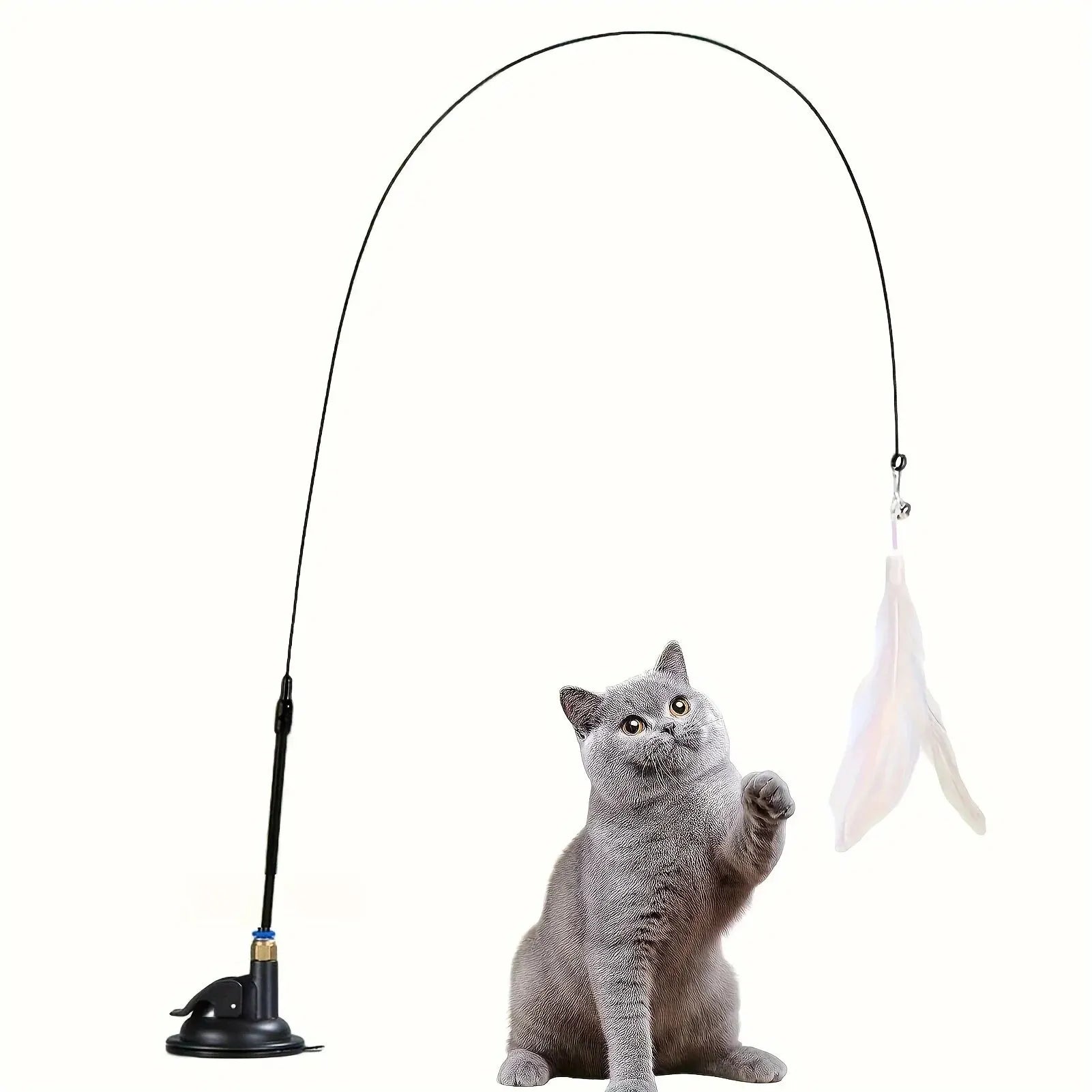 Cat Teaser Toy - Interactive Bell & Feather Wand - Long Suction Cup Pole for Exciting Playtime Adventures - Ultimate Cat Toy 