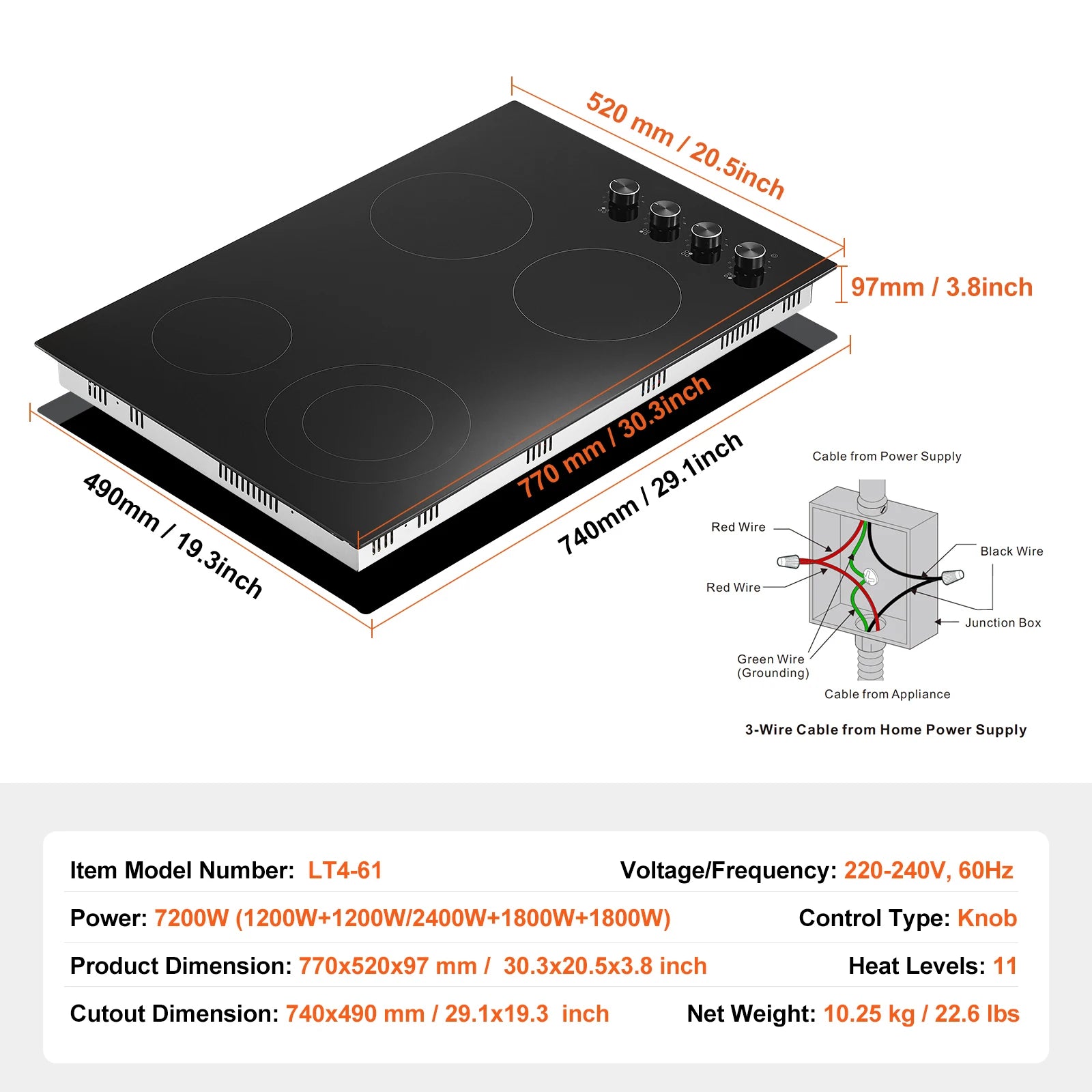 30" Electric Cooktop 4 Burner Ceramic Stove with Knob Control