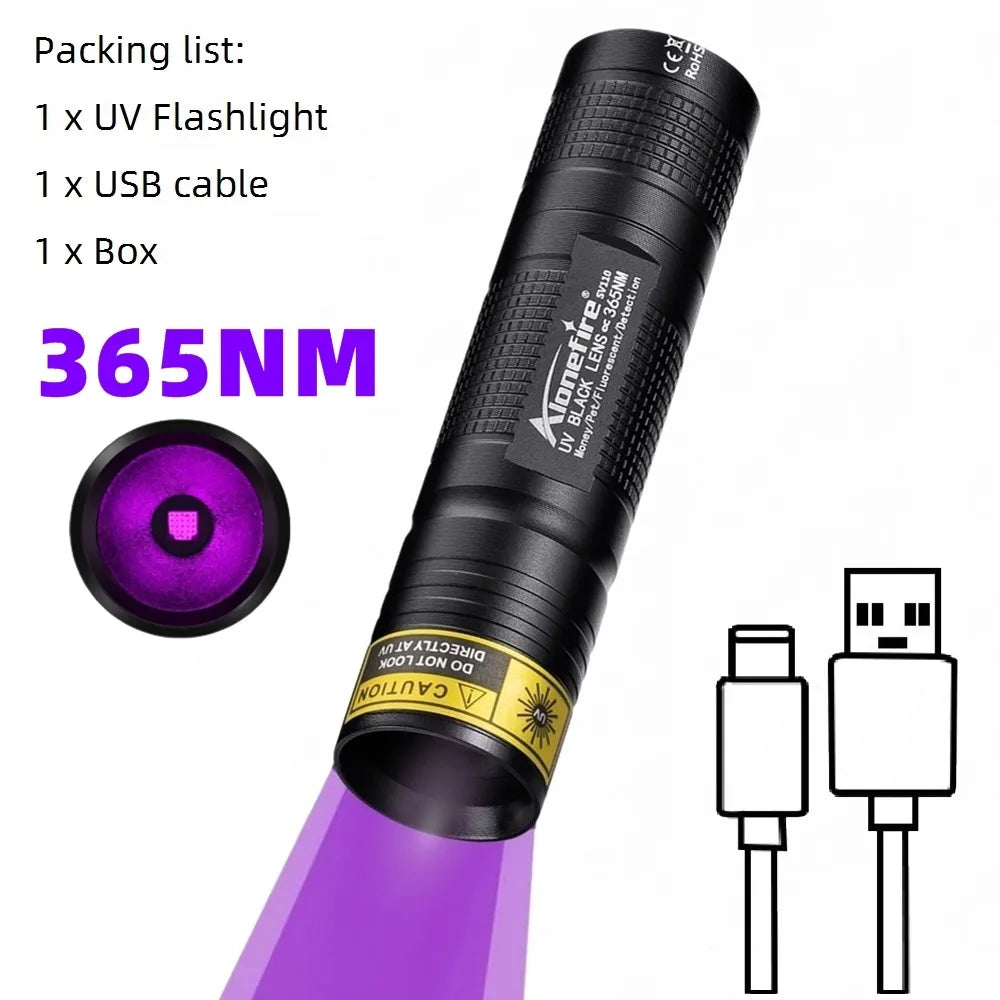 Lumina UV mini 365nm/395nm, USB reîncărcabil, lampă hiper UV pentru uscarea adezivi, animale de companie (pisică, câine), urină, tinea, bani, cuțit, scorpion, detectare lumina