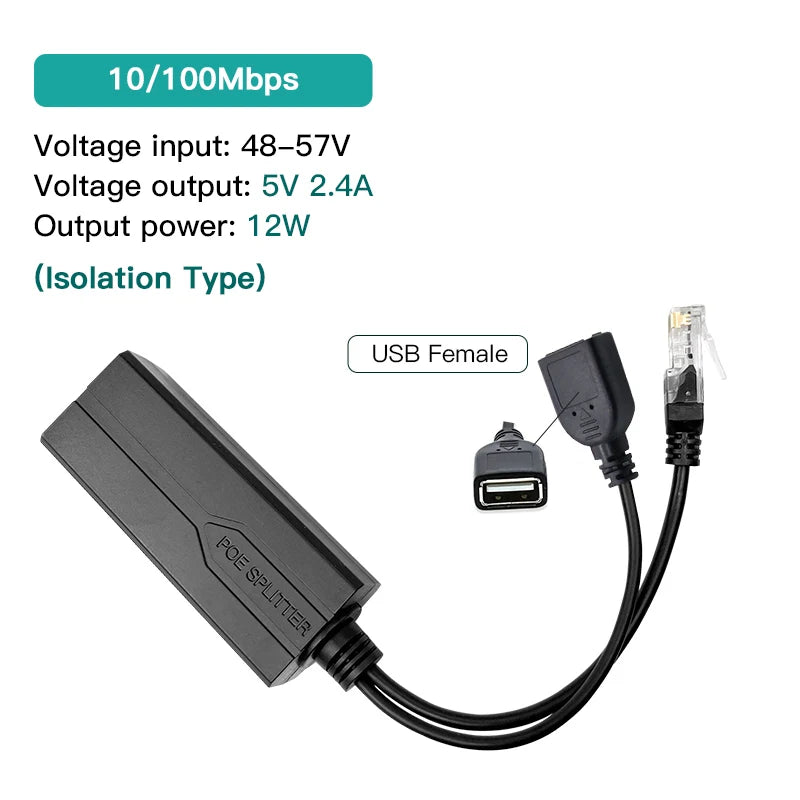 Standard POE Splitter 48V to 5V 12V 1.2A 2A Micro USB tpye-C 100M/1000M POE Camera Injector Power Supply for Huawei Hikvision 