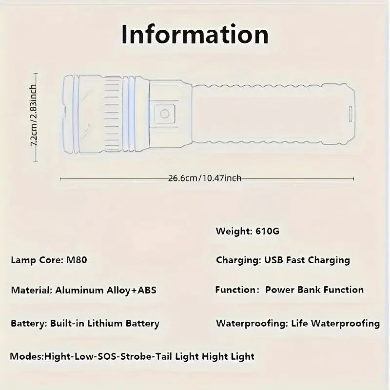 Rechargeable LED Flashlight with 200m Beam & 25000mAh Battery