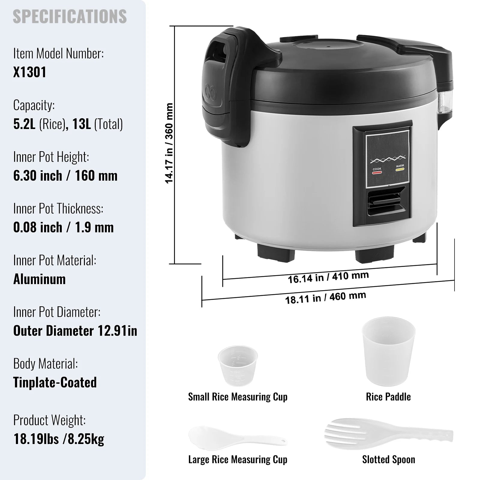 Commercial Rice Cooker 60 Cup Capacity 13 L with Nonstick Inner Pot