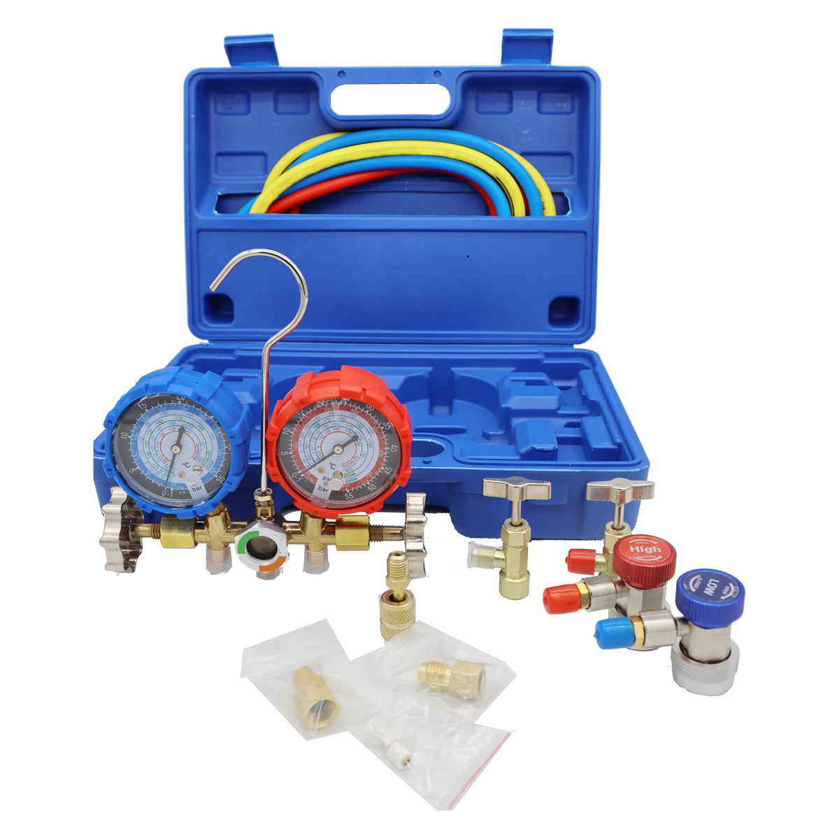 Refrigerant Manifold Meter Kit for automotive air conditioning charging of R410A, R22, R134a, R404A refrigerants