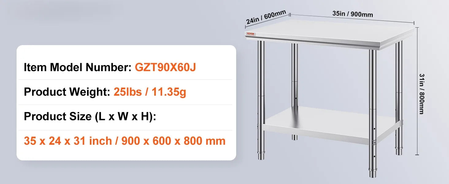 Stainless Steel Work Table with Adjustable Shelf Heavy Duty Prep Station