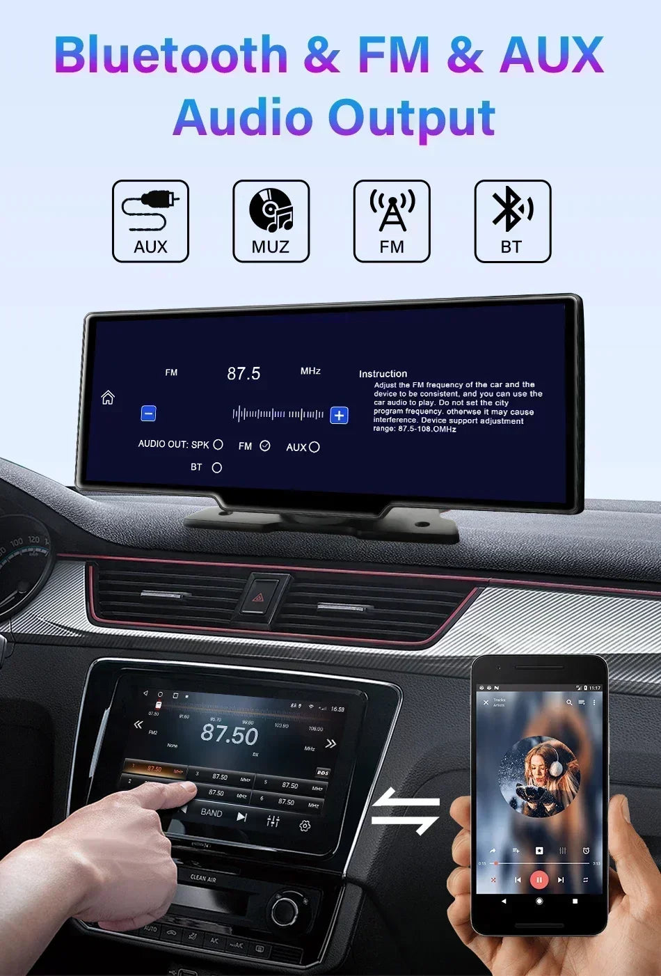 10.26 Inch Dash Cam Rearview Mirror Display with Wireless CarPlay and Android Auto, 4K Front and 1080P Rear Recording