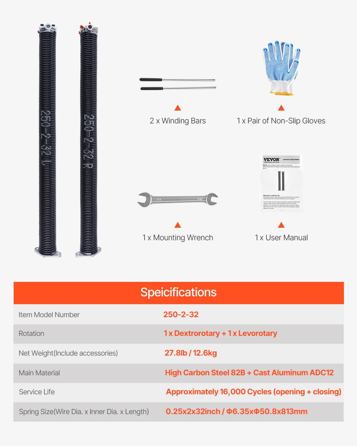 Garage Door Torsion Springs Pair 16,000 Cycles Black Coated Replacement