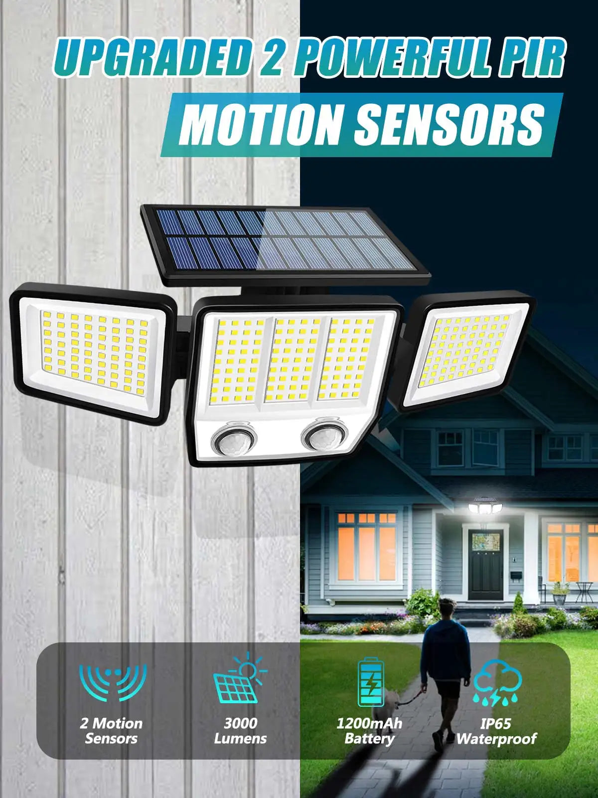 Solar Lights Outdoor Waterproof Super Bright Cordless Solar Motion Sensor Light 3 Adjustable Heads 270° Wide Angle Illumination 