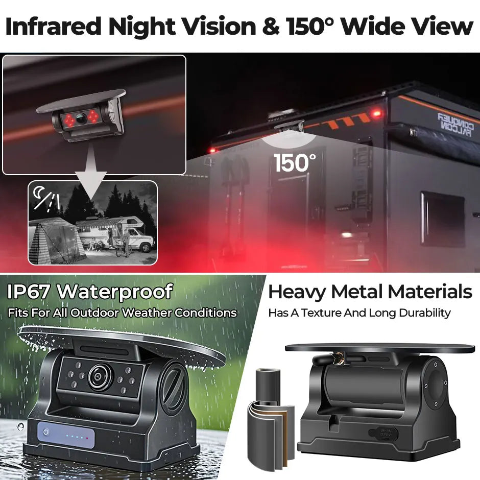 7'' Magnetic Solar Charging Wireless DVR Camera with 1080P Touch Monitor BSD Blind Spot Alarm, for Truck/RV/Trailer/Forklift 