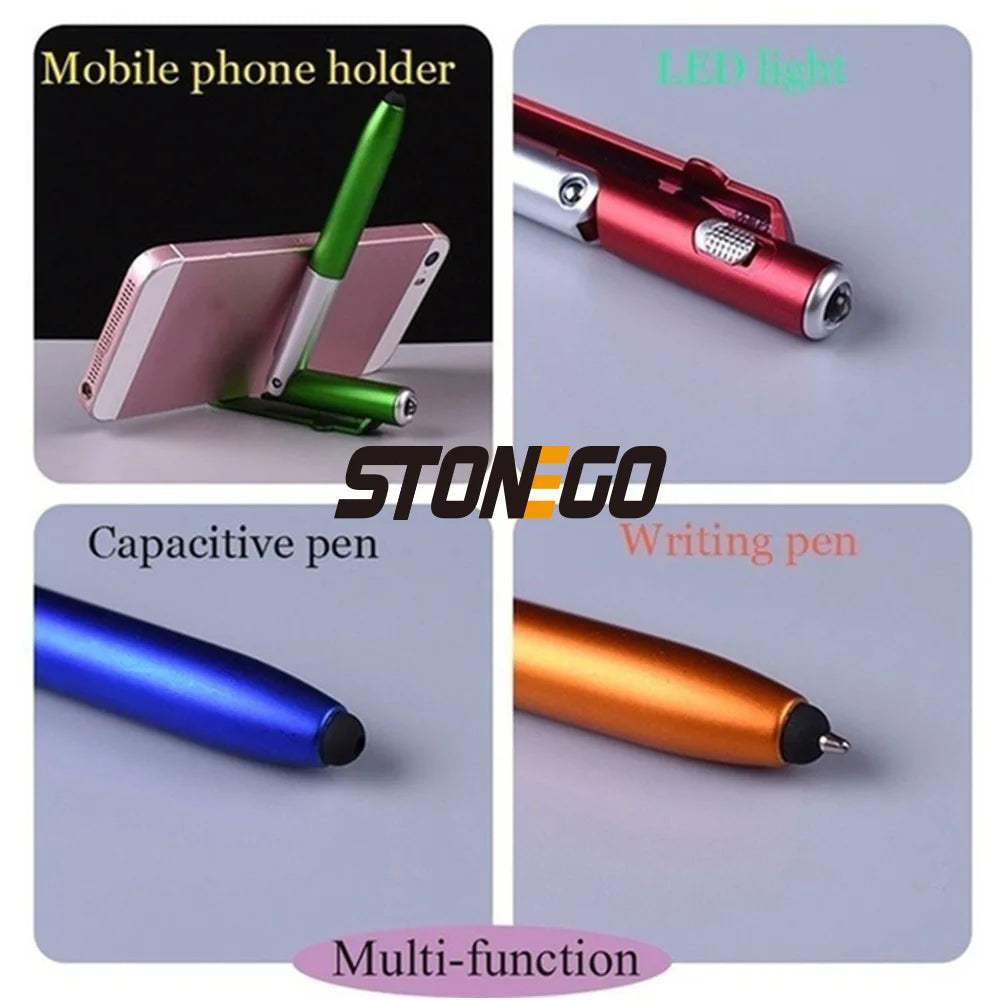 STONEGO Multifunction 4-in-1 Foldable Ballpoint Pen Stylus (Flashlight + Support) for Tablet Cellphone 