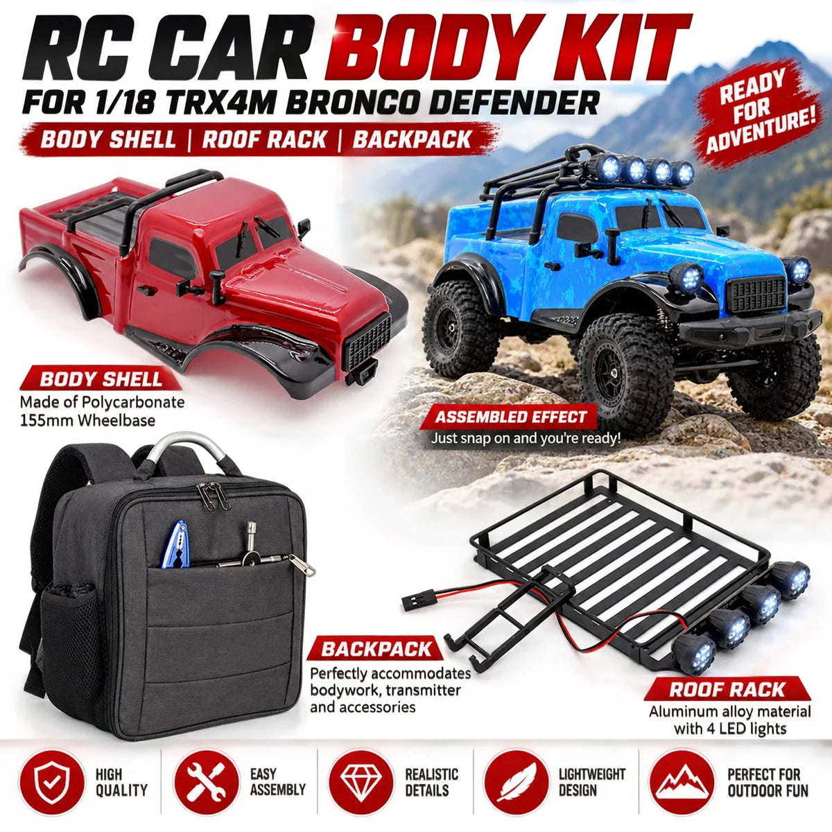 1:18 RC Body Shell Kit 155mm for TRX4M Bronco and Defender