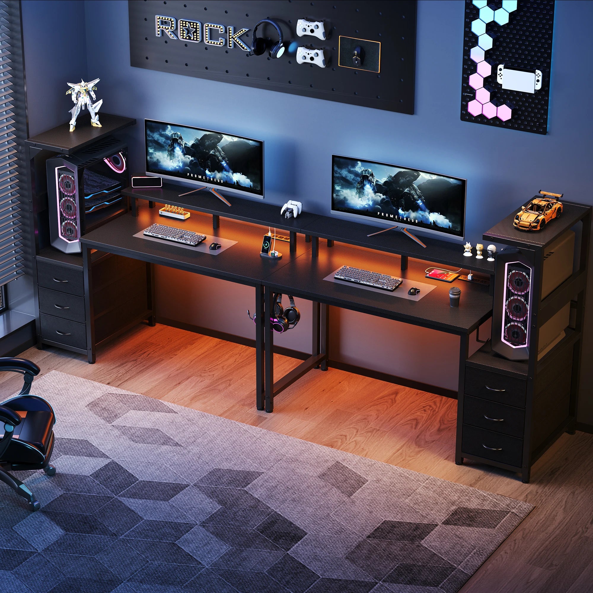 Reversible Gaming Desk with LED Lights, Power Outlets & Drawers