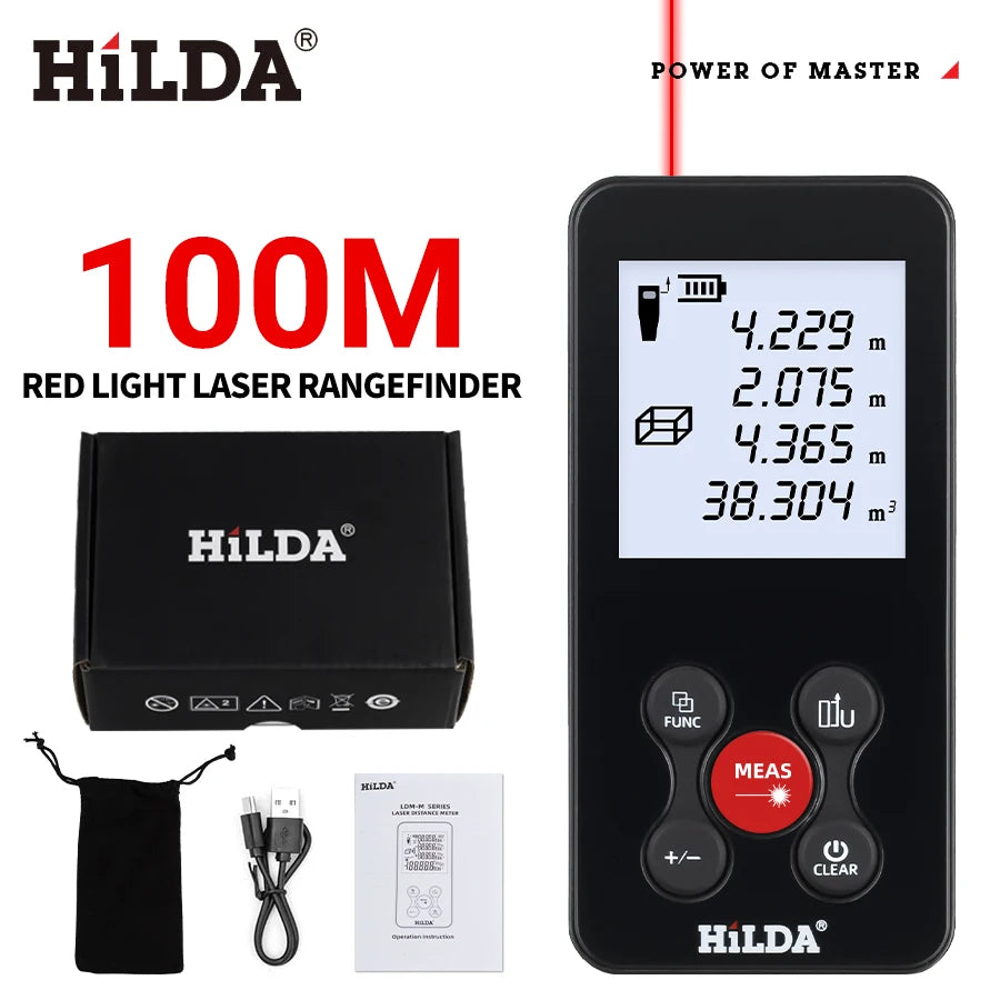 HILDA 50/100/120M Laser Rangefinder Red/Green Light Laser Distance Digital Tape Rechargeable and Measurable Angle Laser Measure 