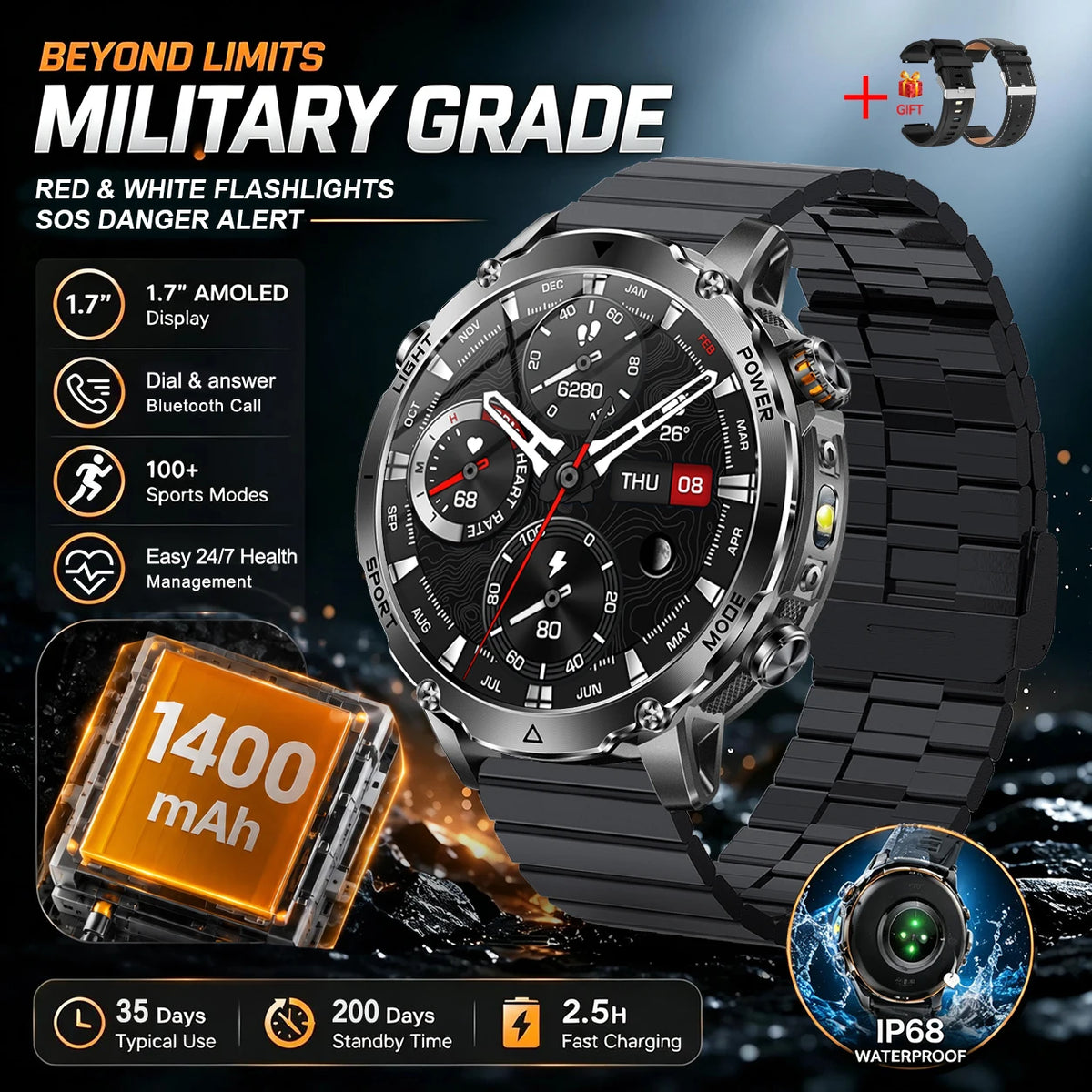 Outdoor Bluetooth Anruf-Smartwatch mit LED-Taschenlampe