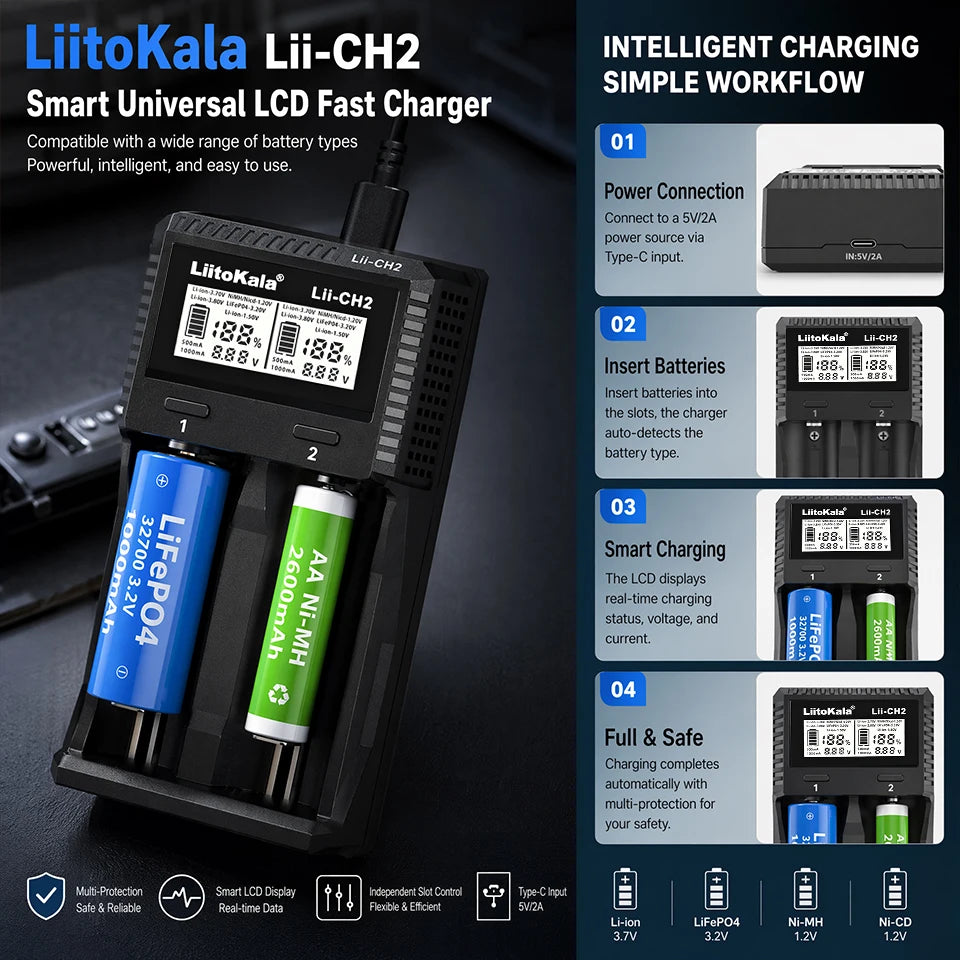 شاحن بطاريات ذكي متعدد الوظائف CH2، بشاشة LCD مزدوجة الفتحات، يدعم بطاريات Li-ion بجهد 1.5V و3.7V و3.8V وLiFePO4 وNi-MH، وبطاريات AA وAAA و18650