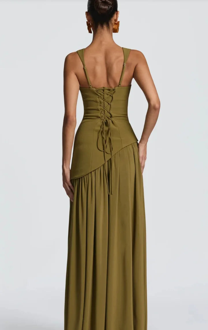 Women's Ruched Maxi Dress with Scarf, Spaghetti Strap Slit