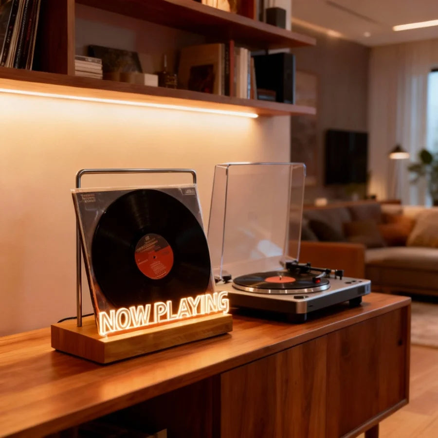 Suporte iluminado para exposição de discos de vinil em reprodução