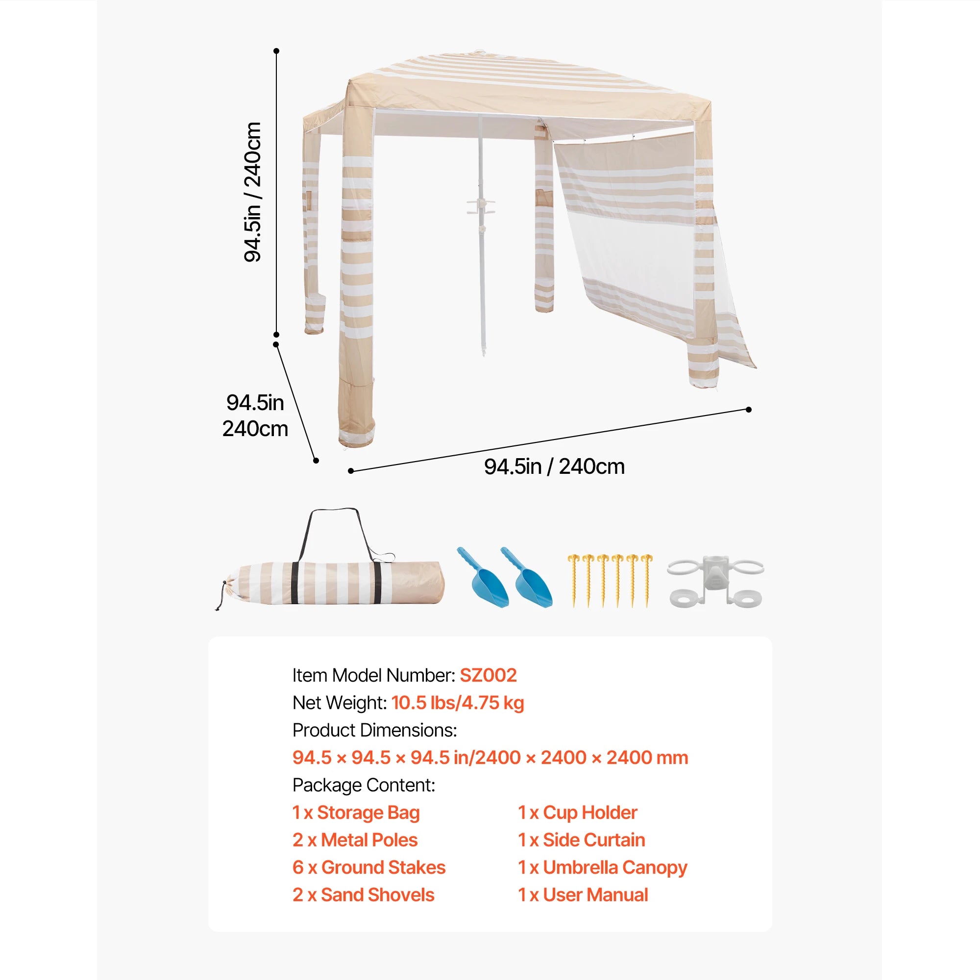 Tenda cabana da spiaggia 8x8 ft con ombra UPF 50+ e parete laterale