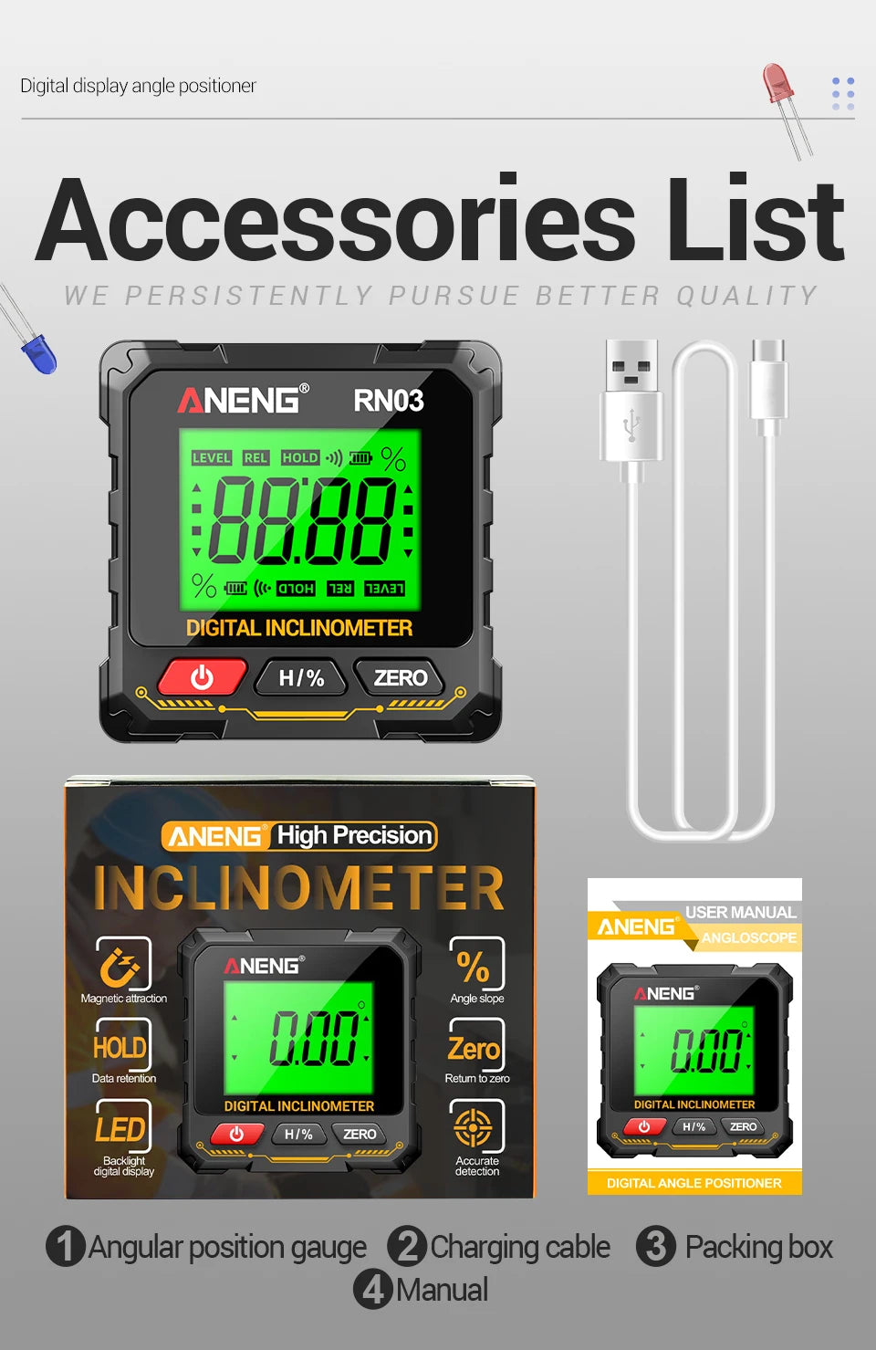 Digital Angle Gauge 0.05° Accuracy 360° Magnetic Inclinometer