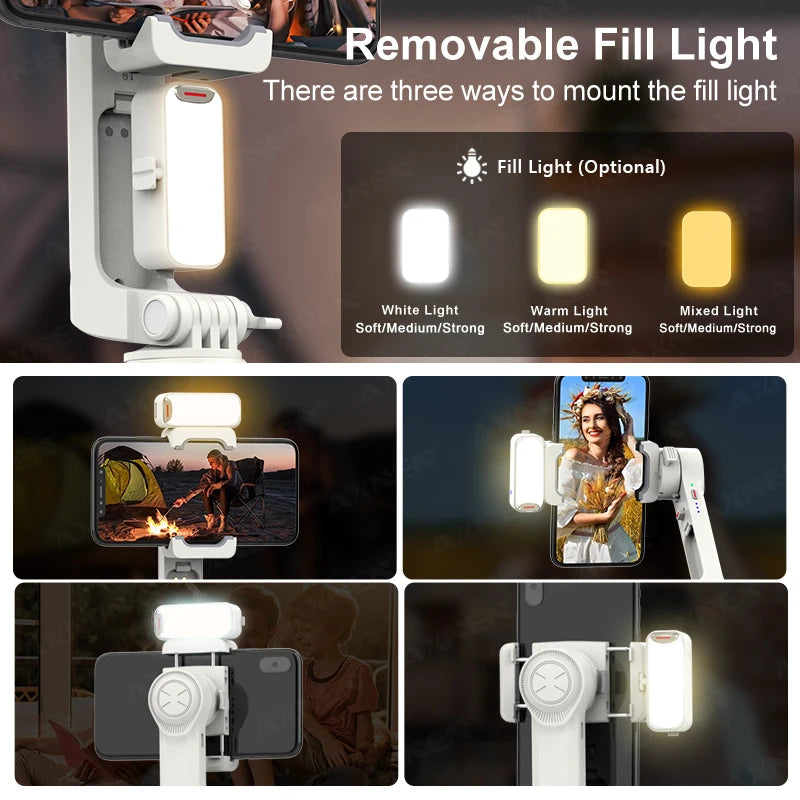 AXNEN A10 Handheld Gimbal Smartphone Stabilizer with Fill Light Extension Rod Remote Cellphone Selfie Stick for iPhone Samsung 