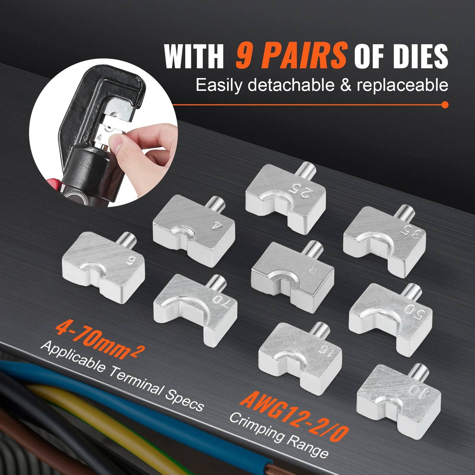 Hydraulic Cable Crimping Tool AWG12-2/0 with 9 Dies & Cutter Kit