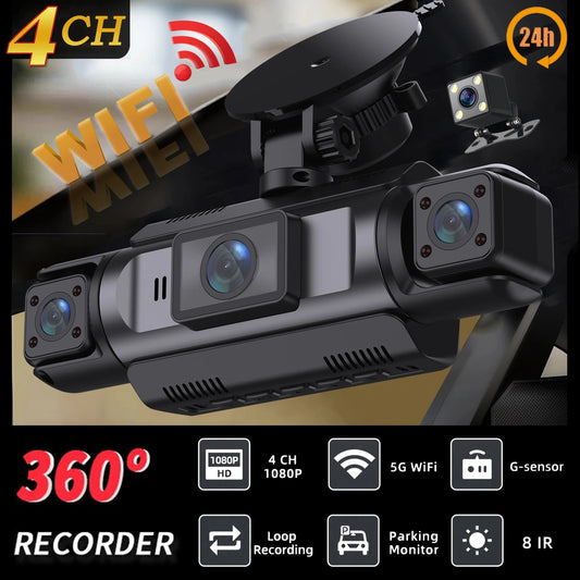Car Dash Cam 4 Channel Black Box WiFi Driving Camera FHD 1080P Front Left Right Rear Night Vision Loop Recording add Hardwirekit Spy-shop.com