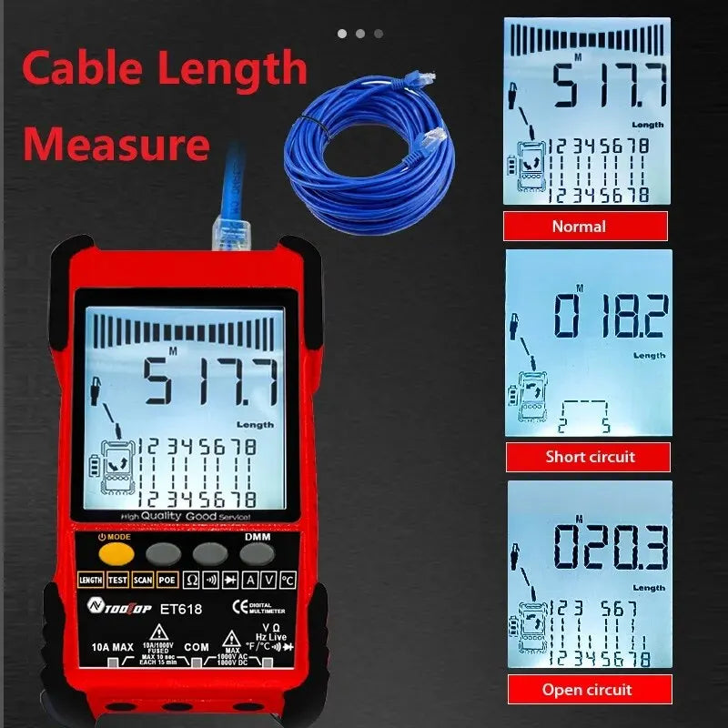 TOOLTOP Network Cable Tester Multimeter Lan Cable Tracking POE Test 400M/600M Length Measure Sensitivity Adjustable Line Tracker 