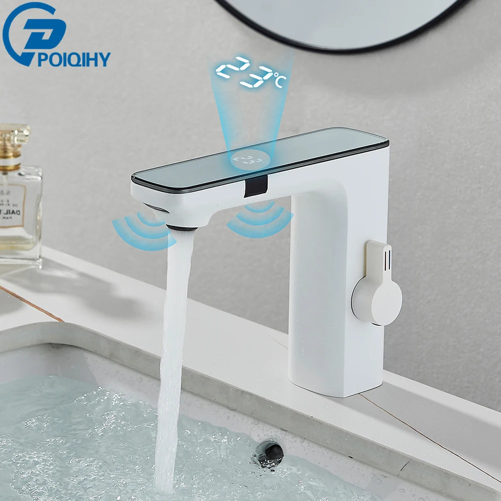 White Smart Sensor Basin Faucet Screen Digital Display Hot Cold Water Mixer Tap Touchless Vanity Sink Faucet For Bathroom 