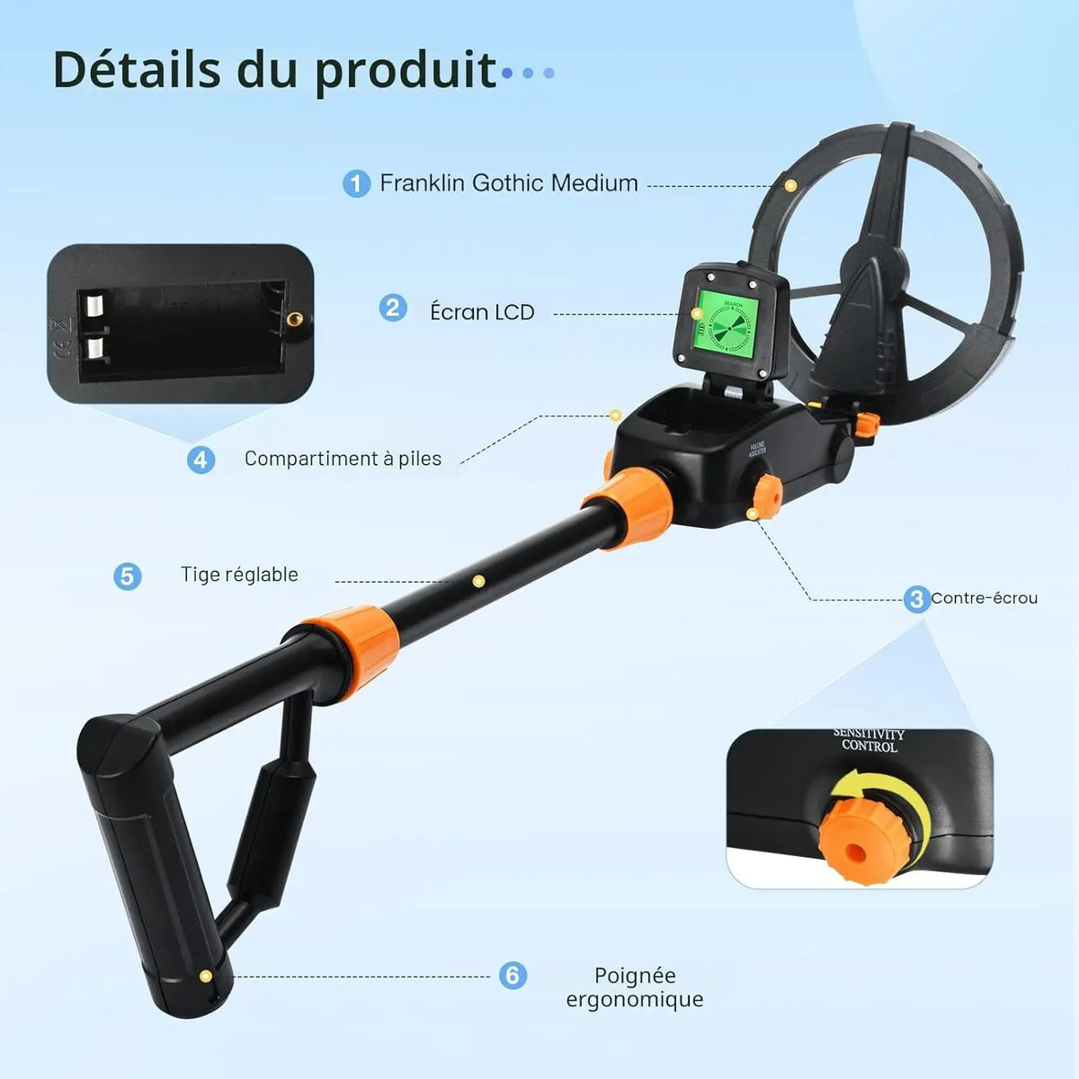 Détecteur de Métal Léger pour Enfants avec Écran LCD et Son, Détecteur de Métaux pour Enfants, Batterie IP68 enrouleur