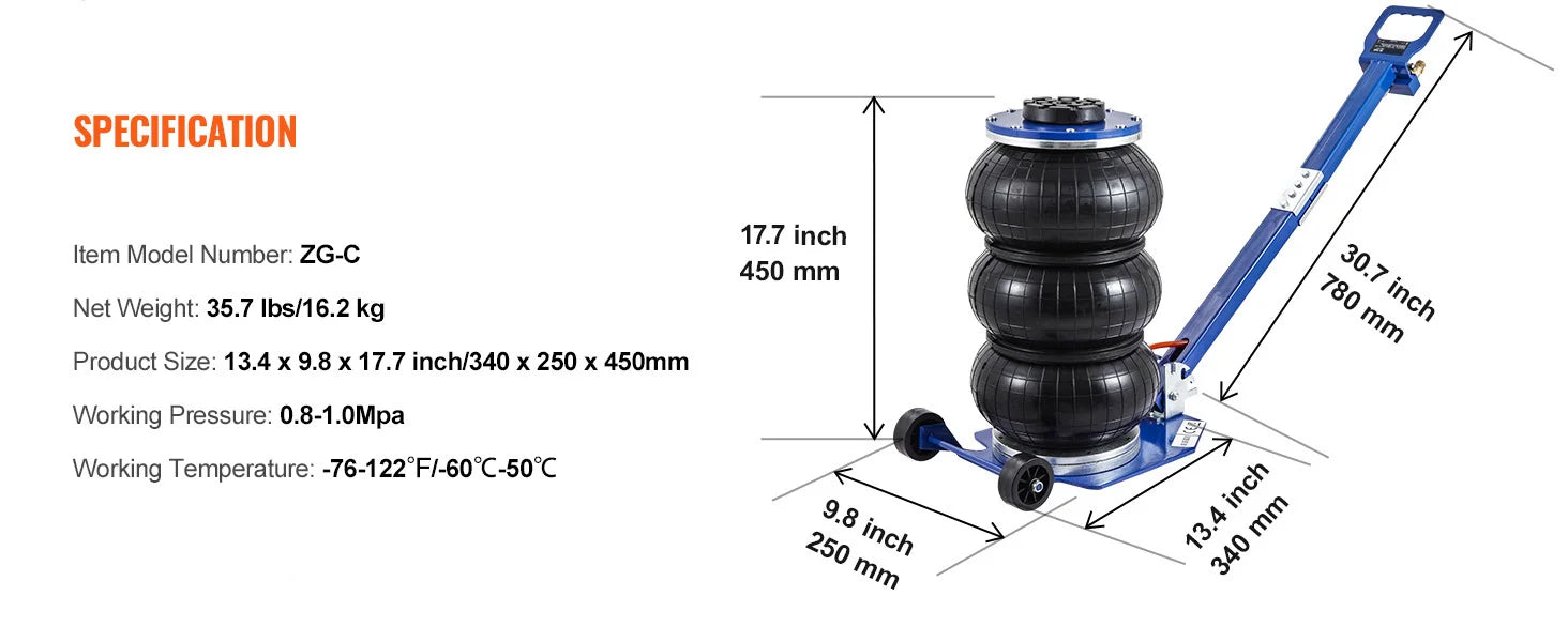 Cric pneumatique à sac d'air 3 tonnes levage rapide avec roues