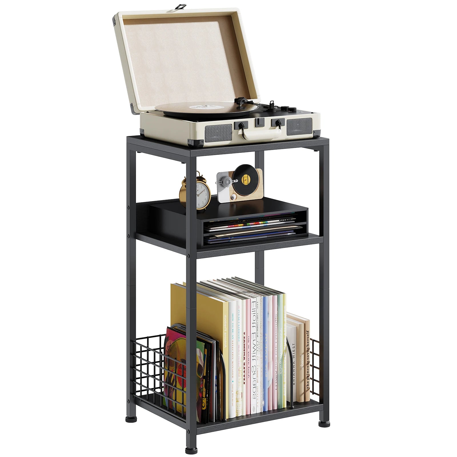 3-Tier Record Player Stand with Vinyl Storage and Metal Frame