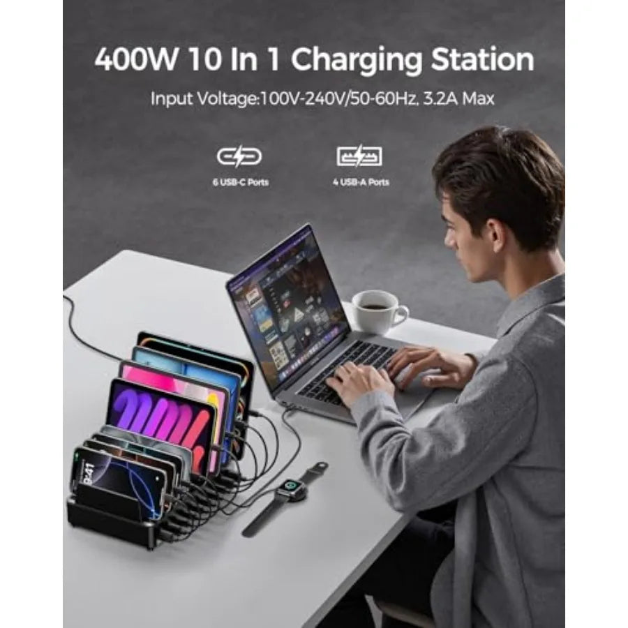 10 Port USB Charging Station with Dual 100W Type-C and Organizer