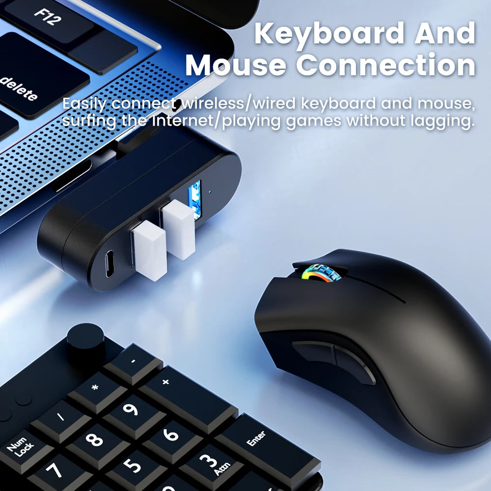 Hub USB rotativo com três portas USB-A e uma porta USB-C