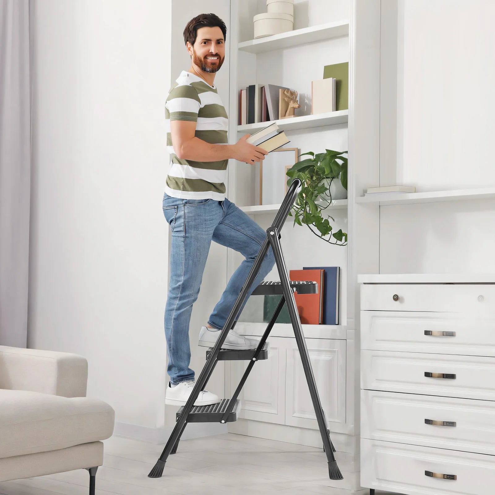 Folding 2-Step Ladder Stool with Anti-Slip Pedals 800lbs Steel