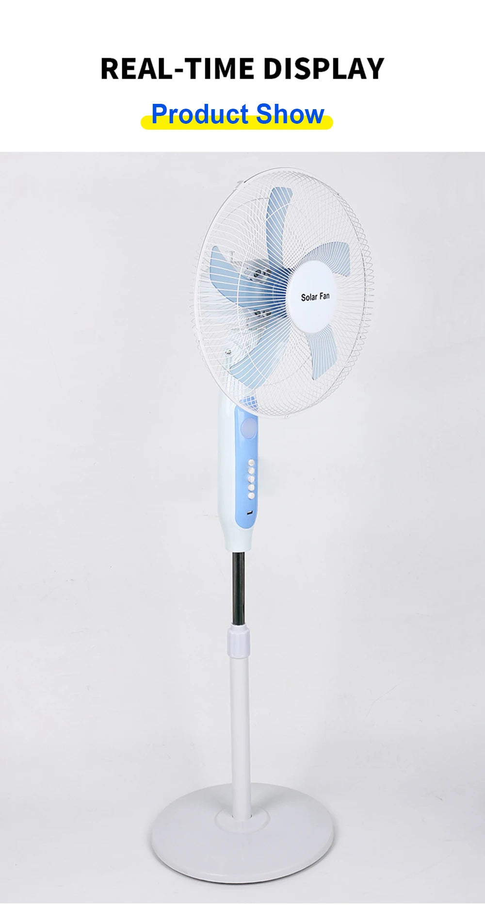 Solární podlahový ventilátor s dálkovým ovládáním, 12hodinovým provozem a LED světlem