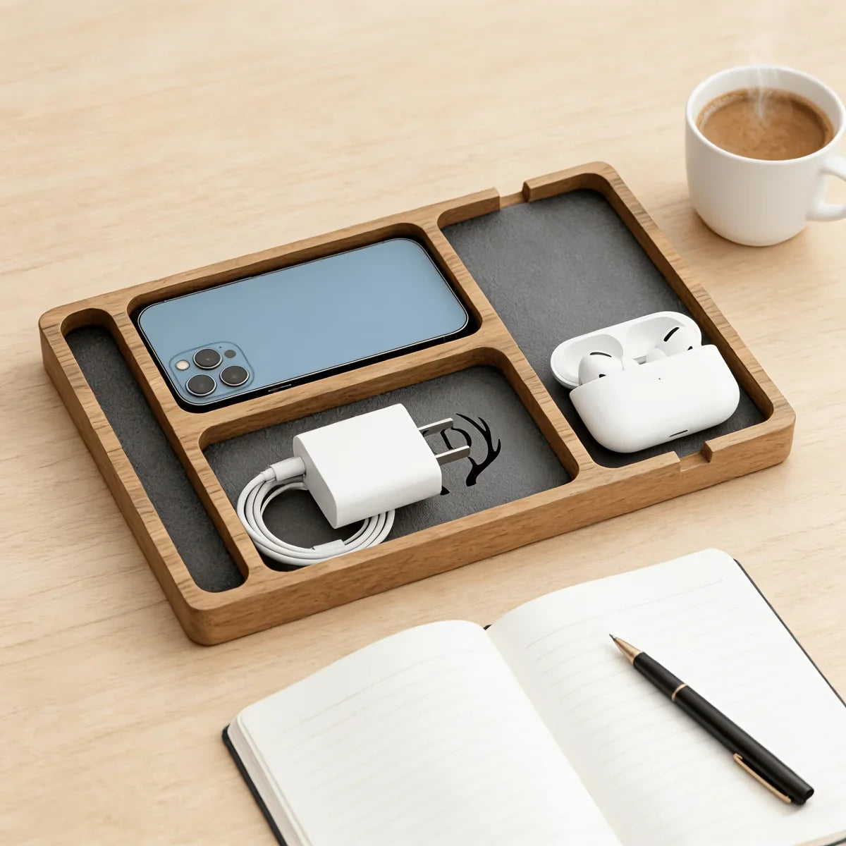 Organizer da scrivania con scomparti per telefono e accessori