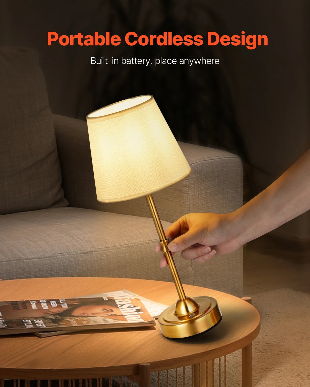 Cordless Table Lamp with Rechargeable Battery & Touch Dimming