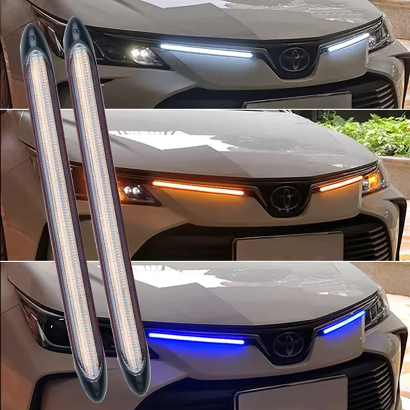 2 unidades de luzes diurnas LED para carro, tira flexível e impermeável, faróis automóveis, luz branca, sinal de mudança amarelo, luzes de fluxo de travão, 12V