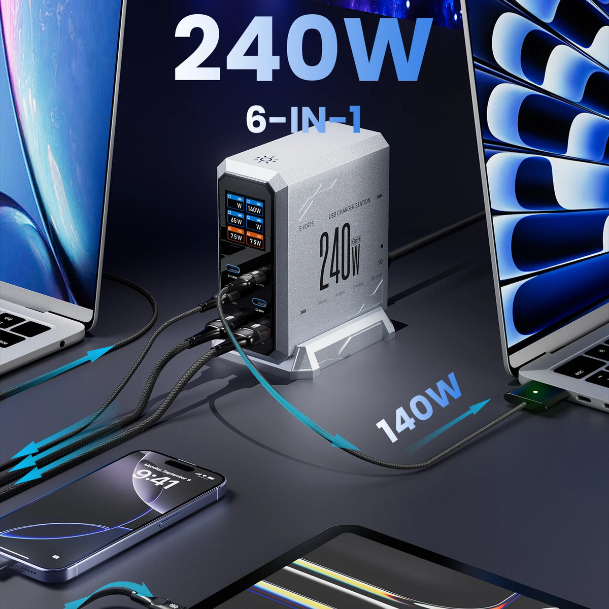 Stazione di Ricarica Desktop con GaN da 240W e 6 Porte