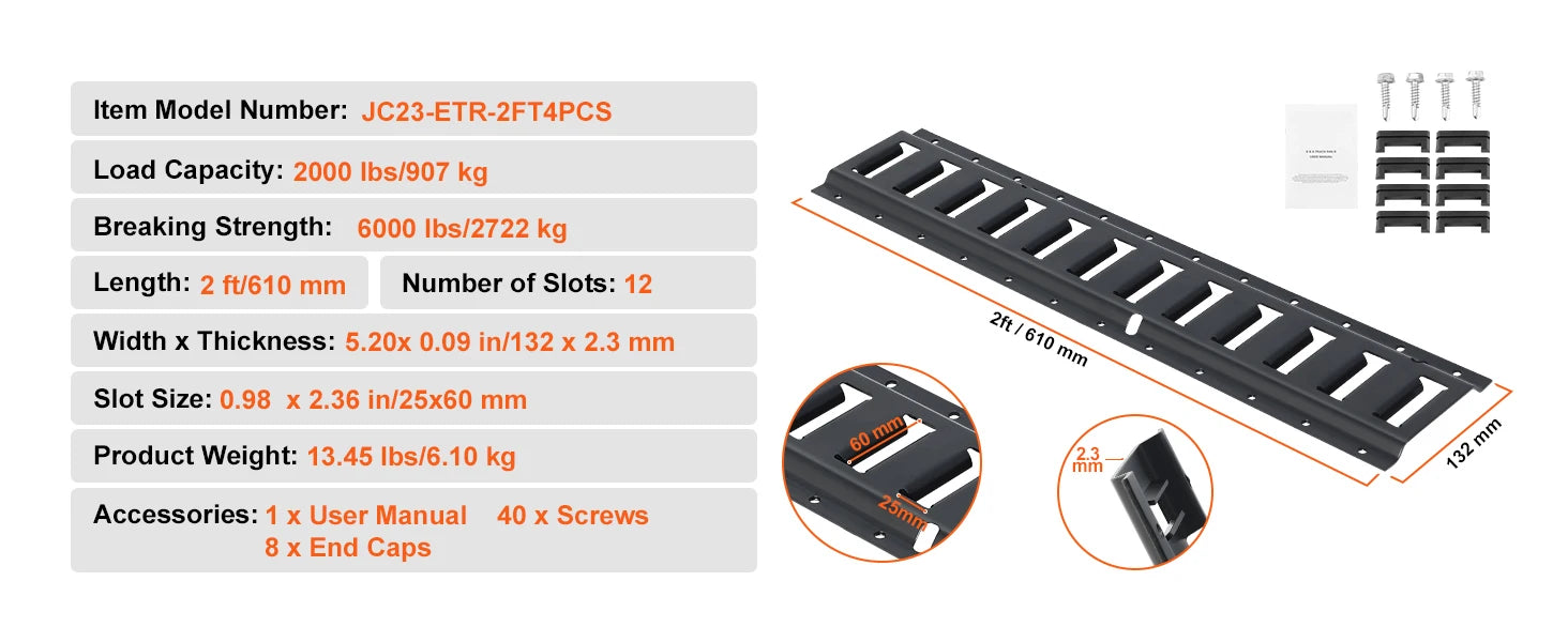 Kit de rails d'arrimage E-Track 4 pièces 2000 lbs de charge pour remorques et garages