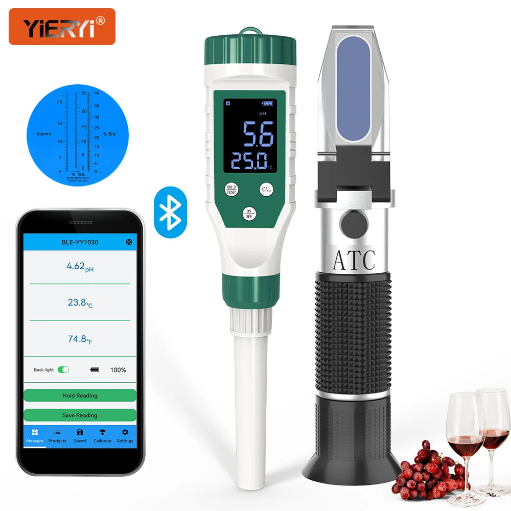 Hand-Held Wine Refractometer and Digital pH Meter, Brix and Baumé