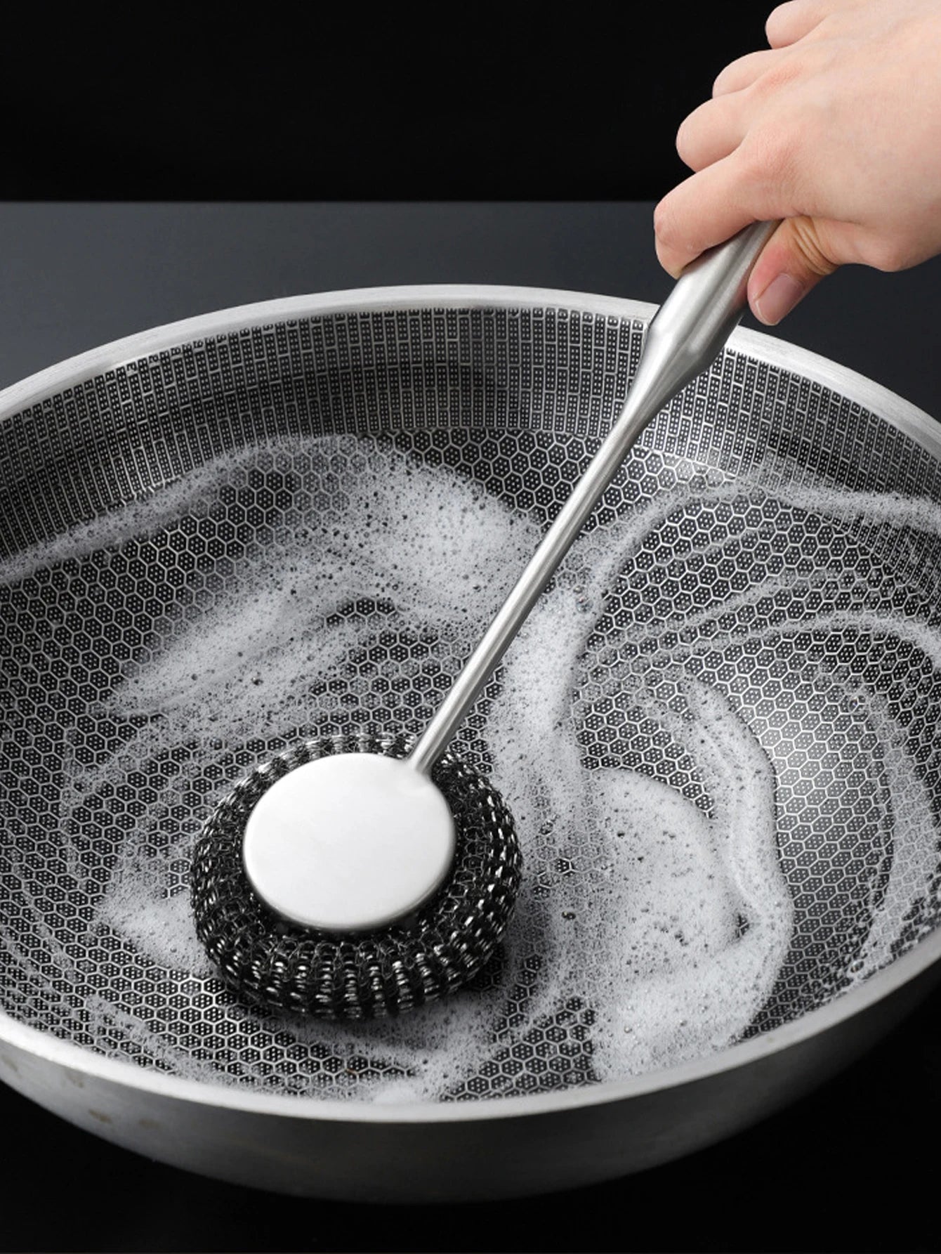 1PC Steel Wool Scrubber with Handle Stainless Steel Cleaning Brushes Cleaning Dishes Stock Pots Pans Griddles Grills 