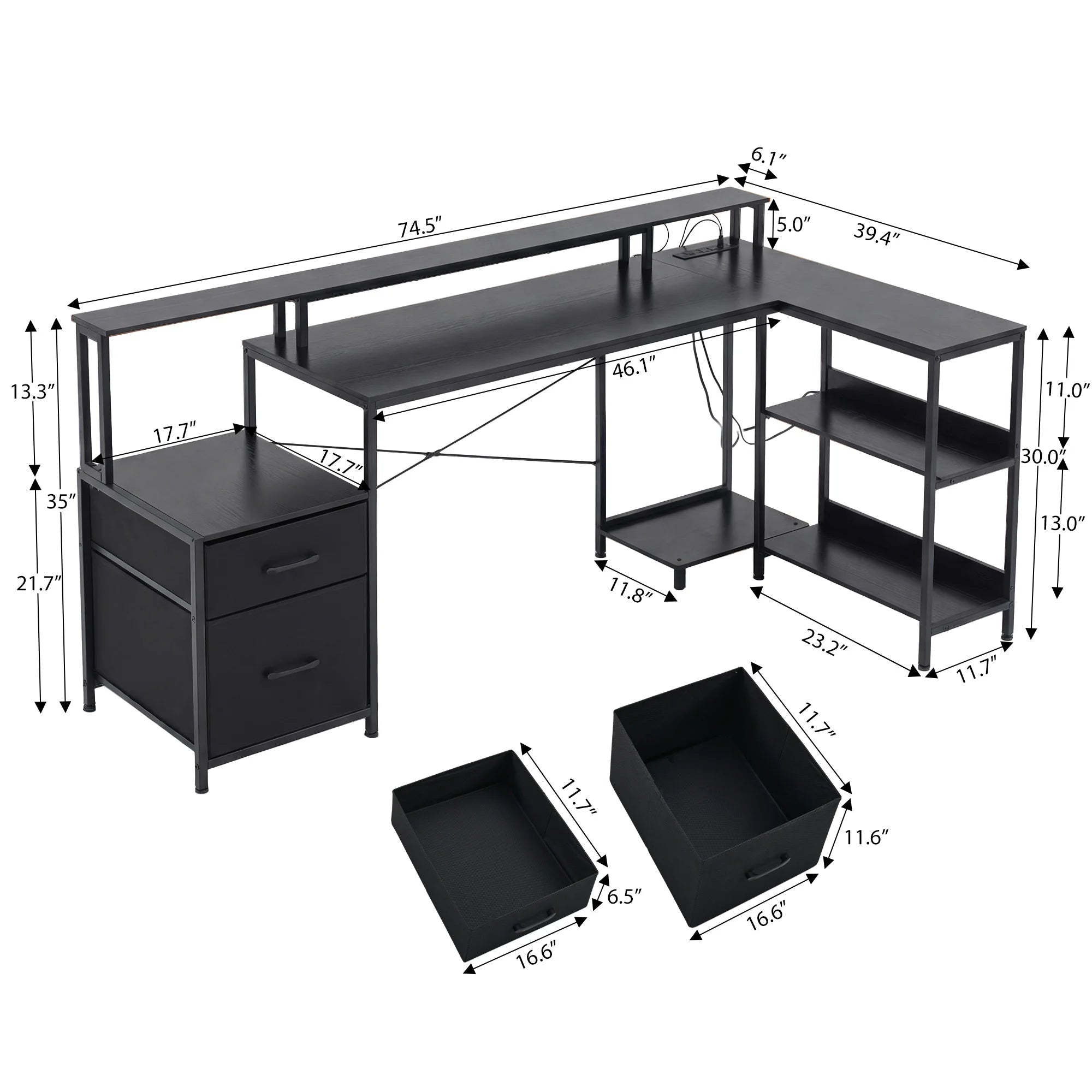 75" L-Shaped Computer Desk with Storage Drawers and Shelf