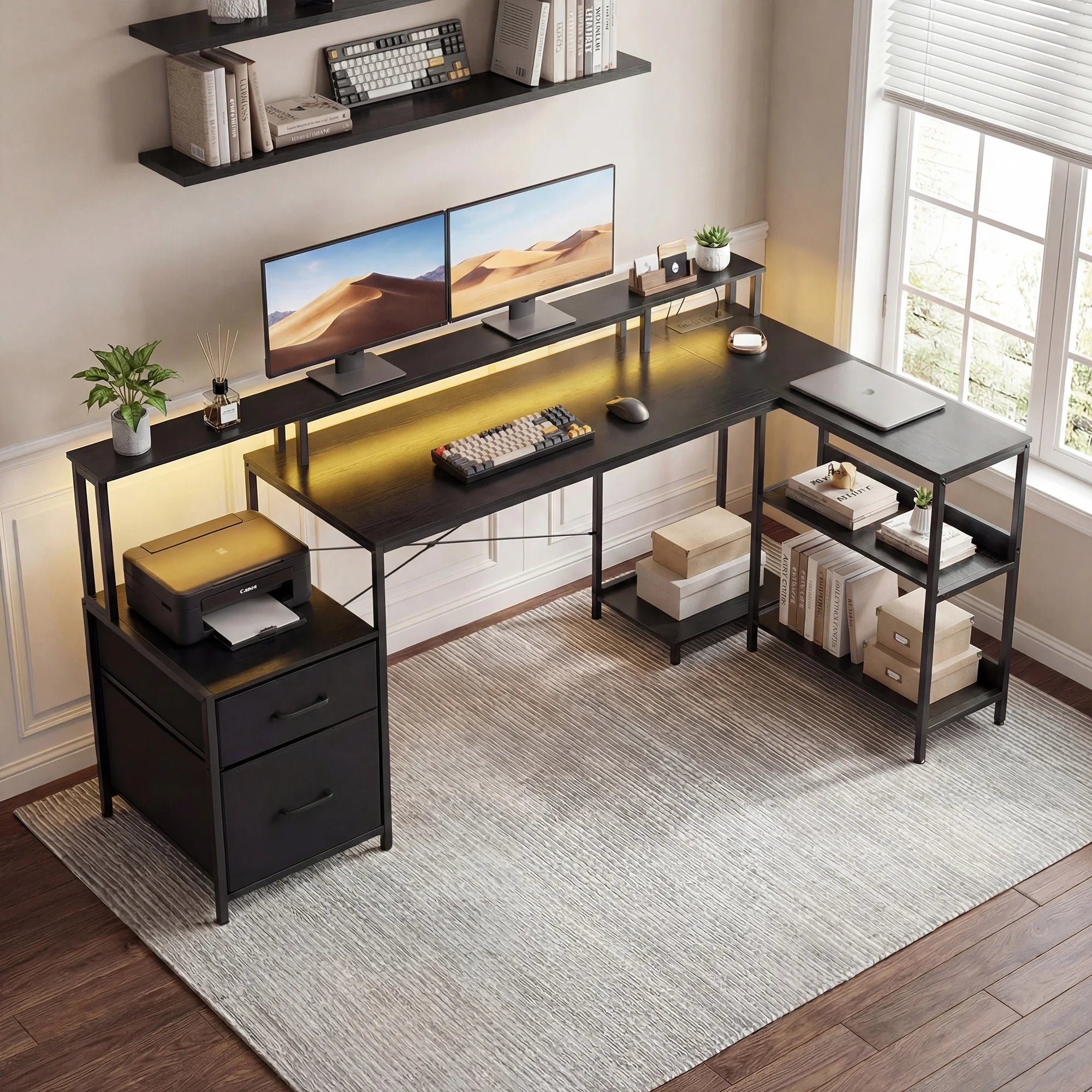 75" L-Shaped Computer Desk with Storage Drawers and Shelf