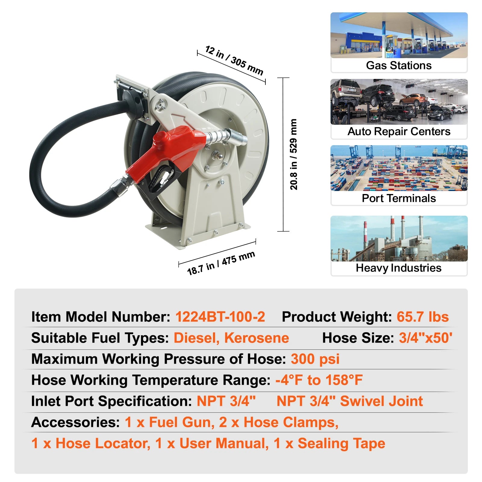 Retractable Fuel Hose Reel with Auto Rewind, 33–66ft Options