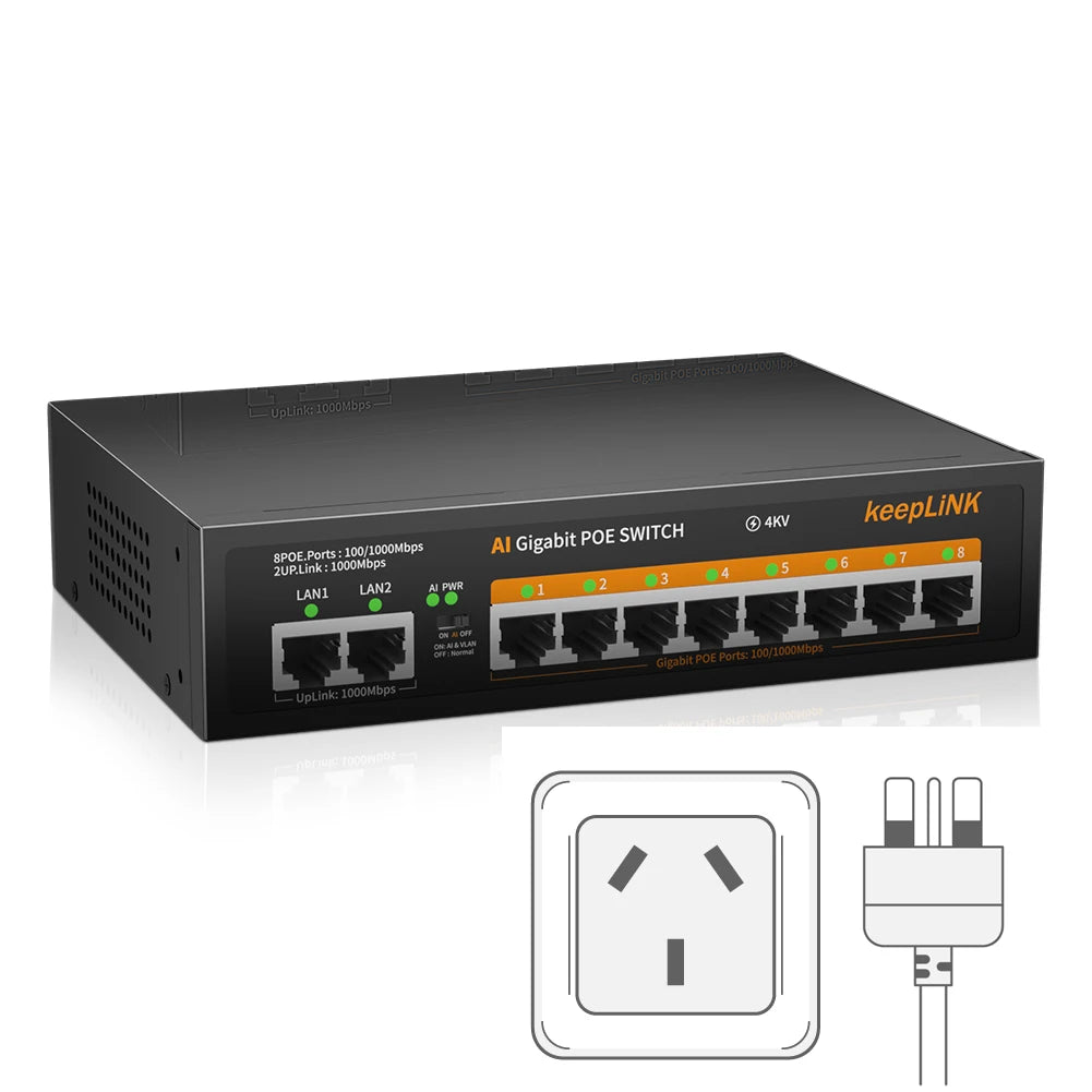 KeepLiNK 10-Port Gigabit Switch with 8-PoE and 2-RJ45 for Uplink Unmanaged Plug and Play 