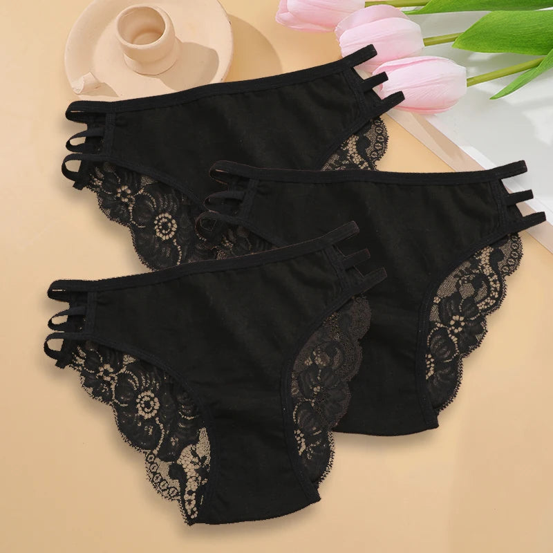 3PC/Set Women's Sexy Floral Lace Panties Low Rise Hollow Out Briefs Transparent Underwear Female Elastic Straps Soft Lingerie 