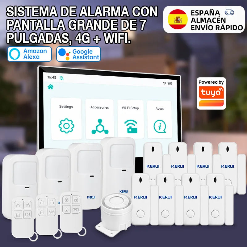 Entrega ES Kerui, grande ecrã tátil de 7 polegadas, sistema de alarme 4G+WiFi, alarme doméstico, ASK/FSK 433MHz, anti-roubo, funciona com Tuya G70